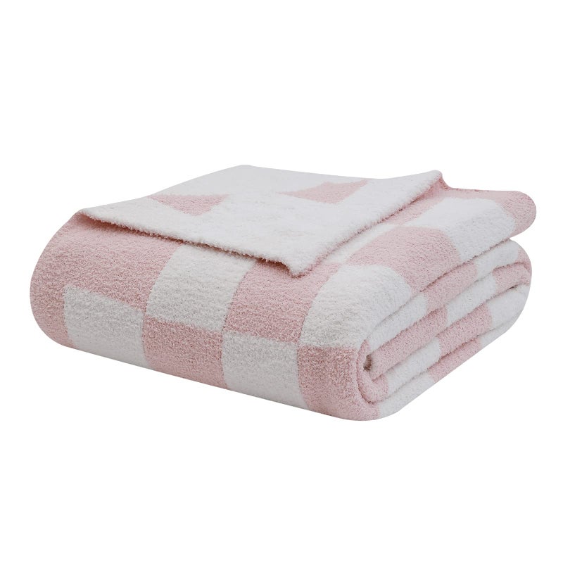 bearberry Fuzzy Checkerboard Grid Throw Blanket Soft Cozy Warm Microfiber Blanket Decor for Couch Sofa Bed Travel Home (Pink  50''x60'') - Image 1